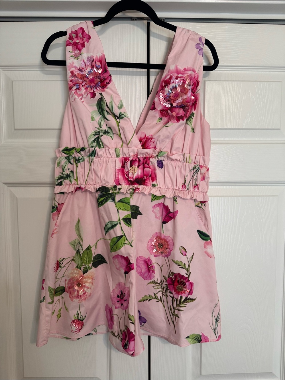 Express Pink Floral V-Neck Sleeveless Romper